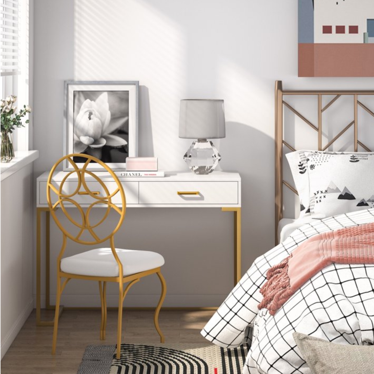 TB-M00103 40 in. Computer Desk with 2 Drawers - White & Gold