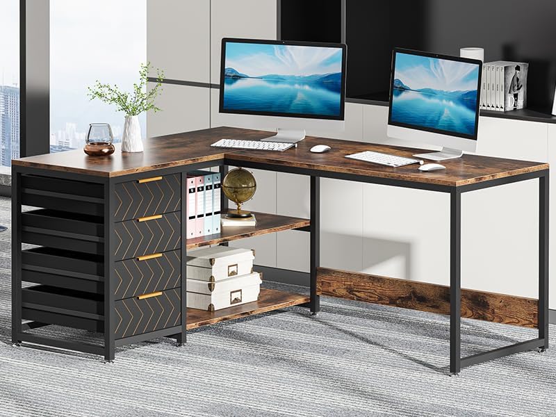 TB-XK00524 59 in. L-Shaped Computer Desk with Drawers & Storage Shelves - Rustic Brown