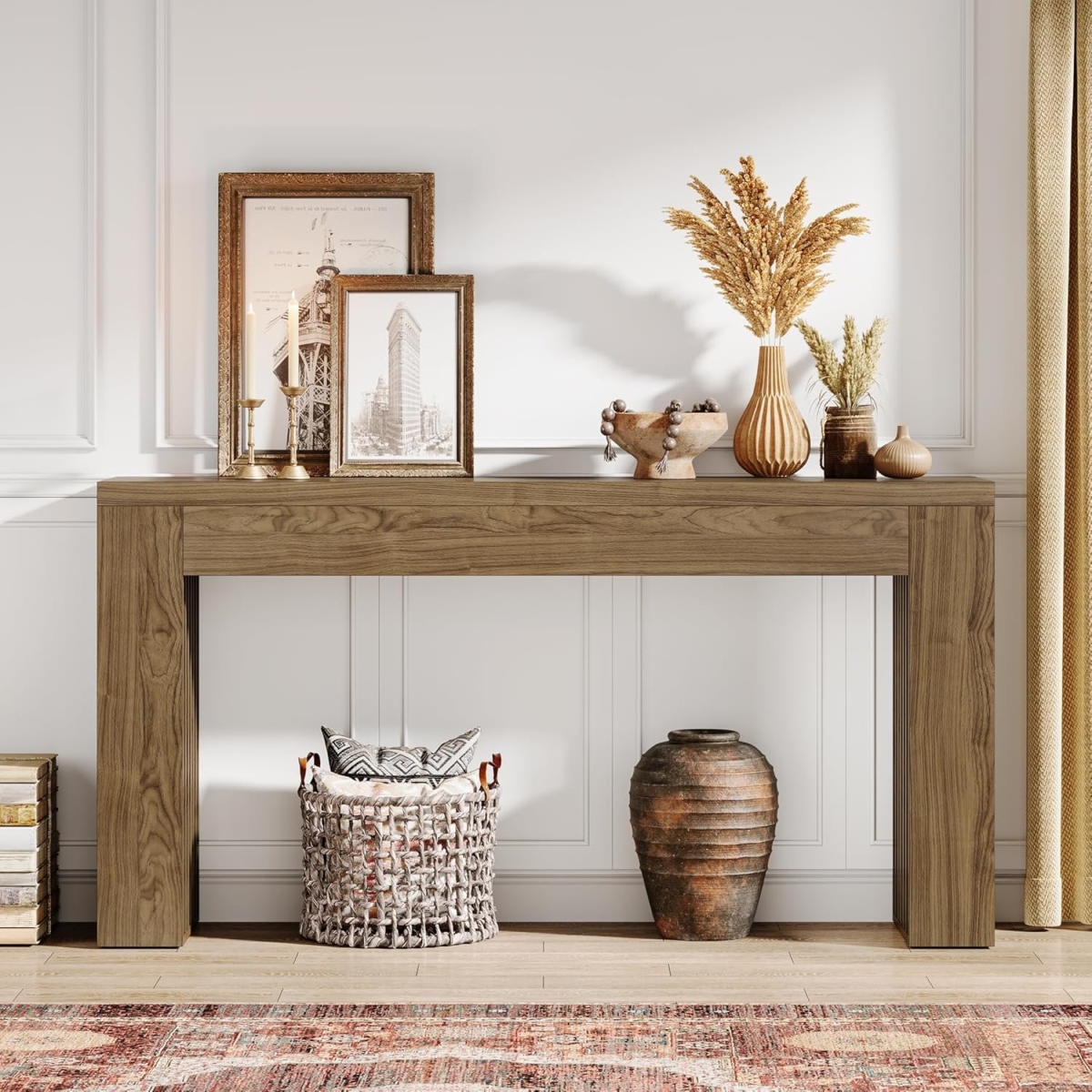 TB-YC0002 59 in. Farmhouse Console Table with Vertical Slat Legs - Rustic Brown