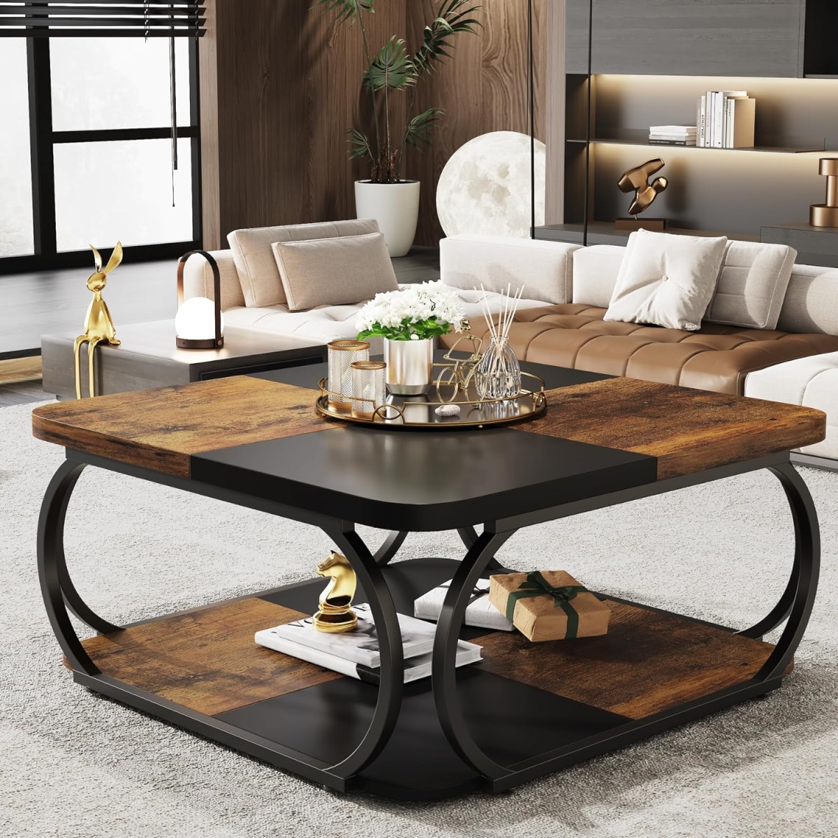 TB-C0844 39 in. Square Coffee Table with Storage Shelf - Rustic Brown & Black