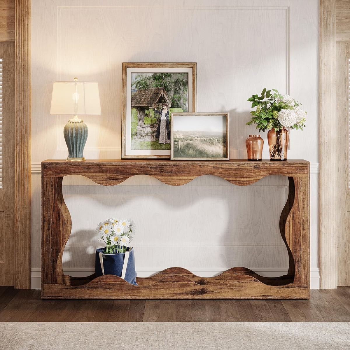 Farmhouse Console Table - Brown - 63 in. - Storage Included - Durable Design