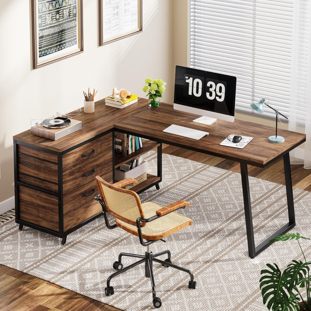 TB-JW0655 53 in. Reversible L-Shaped Computer Desk with 3 Drawers & Storage Shelves - Rustic Brown