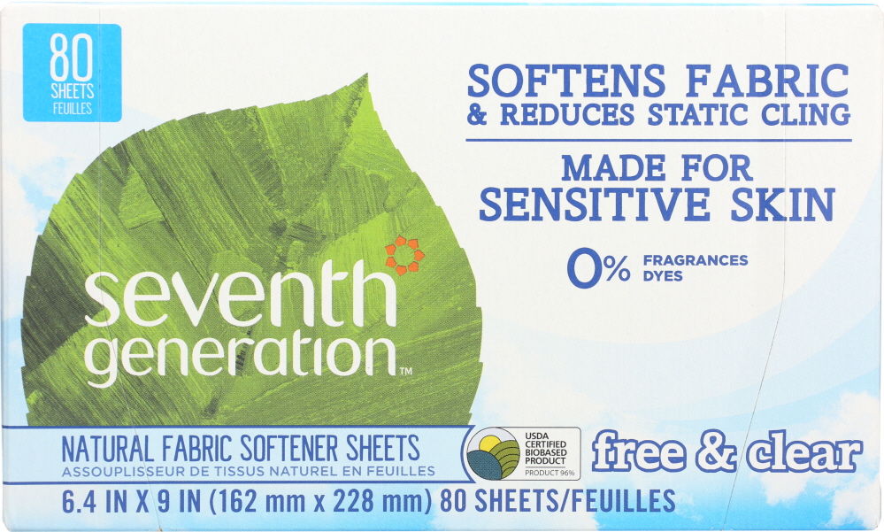 Picture of Seventh Generation KHFM00163162 Natural Fabric Softener Sheets Free & Clear - 80 Sheets