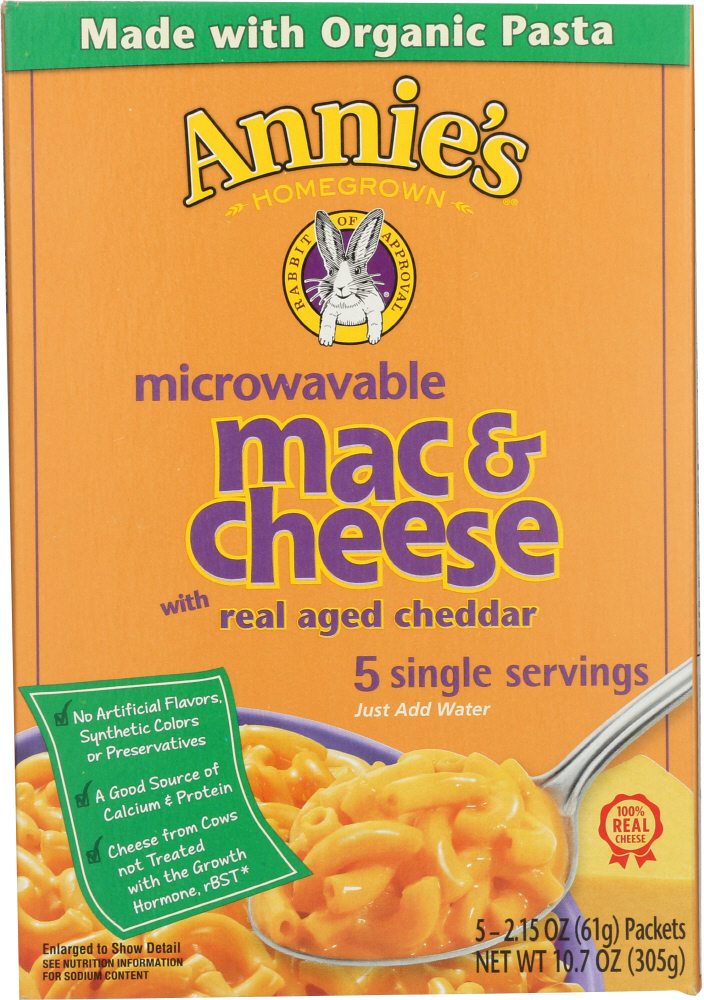 Picture of Annies KHFM00054445 10.7 oz Microwavable Macaroni & Cheese with Real Aged Cheddar 5 Single Servings