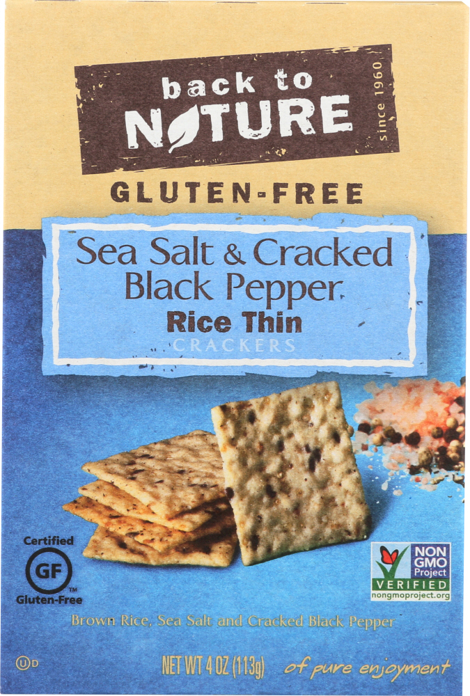 Picture of Back to Nature KHLV00102323 4 oz Gluten-Free Sea Salt & Cracked Black Pepper Rice Thin Crackers