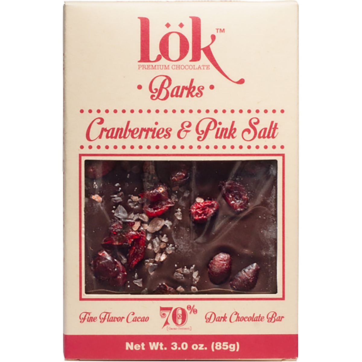 Picture of Lok Foods KHCH00388710 3 oz 70 Percent Cranberry Pink Salt Bark Chocolate