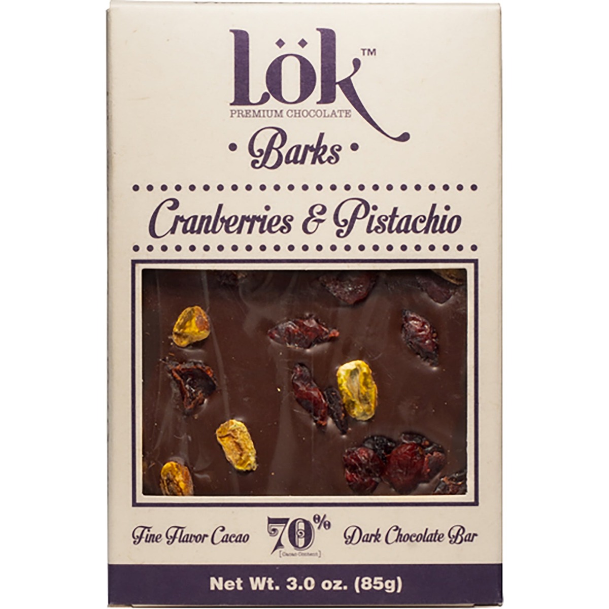 Picture of Lok Foods KHCH00388744 3 oz 70 Percent Cranberry Pistachio Bark Chocolate