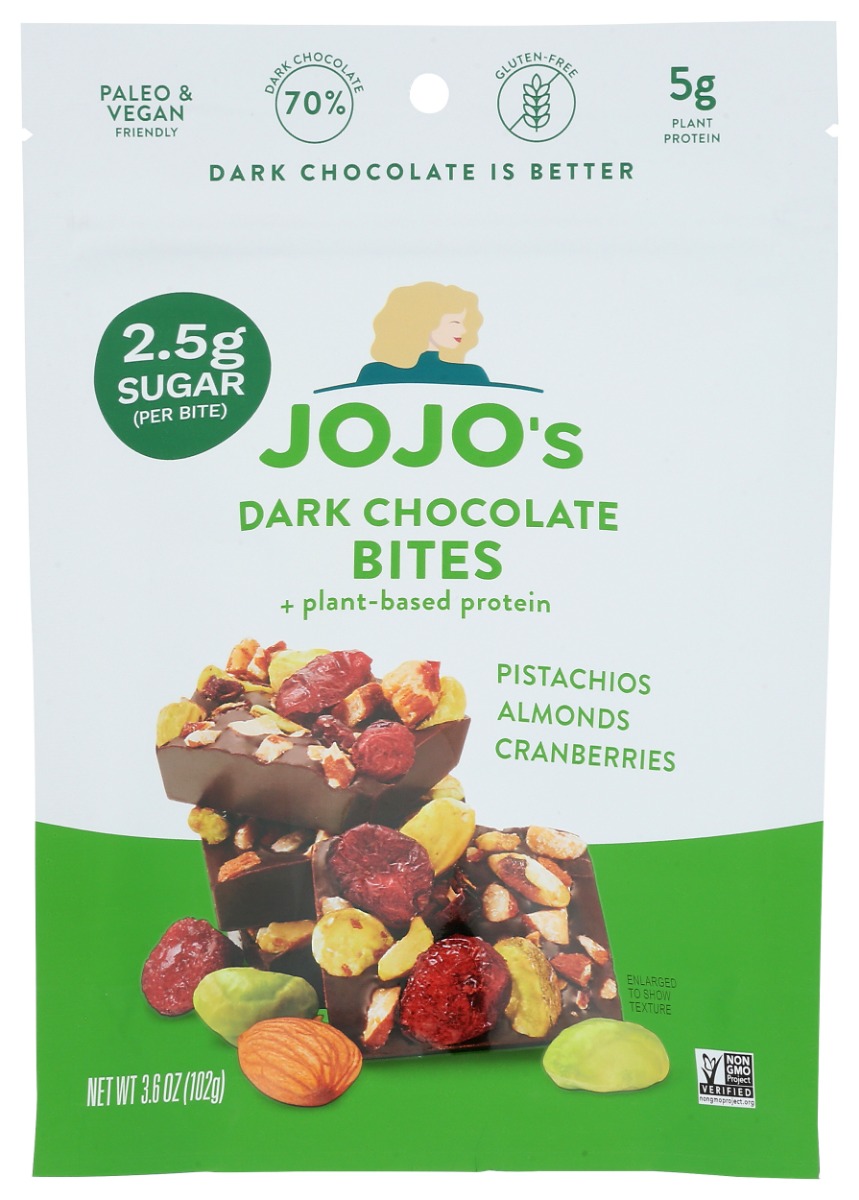 Picture of Jojos Chocolate KHCH00369255 3.6 oz Dark Chocolate Pistachio Almond Cranberry Bites