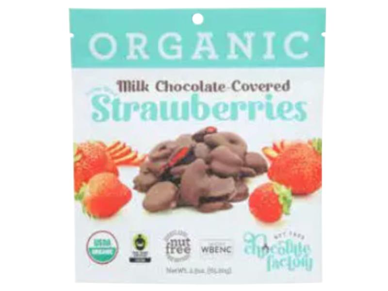 Picture of Nut Free Chocolate Factory KHLV02303432 2.3 oz Organic Milk Covered Strawberries Chocolate