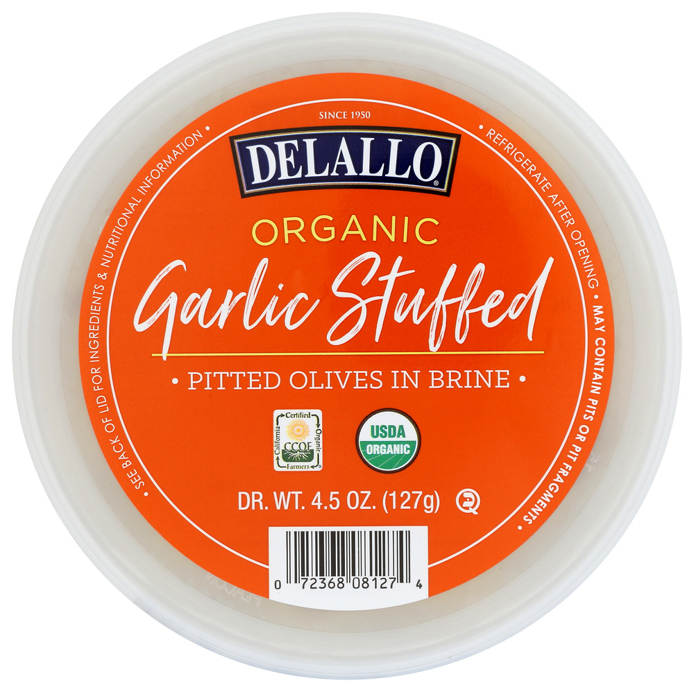 Picture of Delallo KHCH00385688 4.5 oz Organic Garlic Stuffed Pitted Olives in Brine