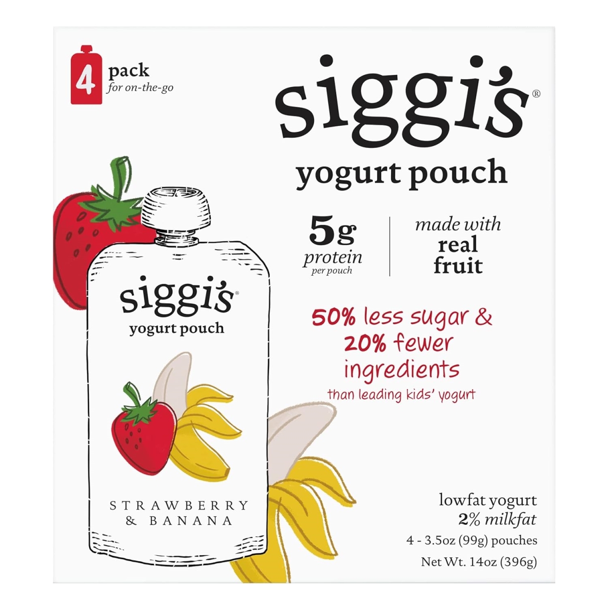 Picture of Siggis KHCH00354513 14 oz Kids Strawberry Banana Low Fat Yogurt Pouches