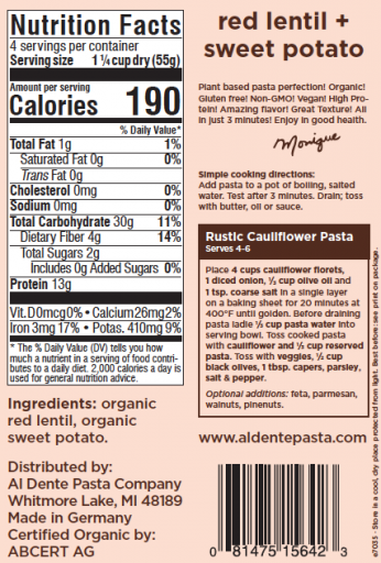 Picture of Al Dente KHFM00335198 Red Lentil Sweet Potato Plant Based Pasta, 8 oz