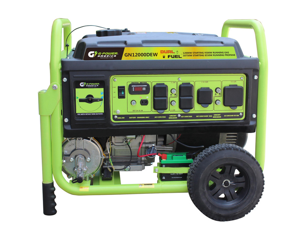 12000-10750W Dual Fuel Gas & Propane Powered Portable Generator with 479cc & 18-HP Professional Engine - Long Life & High Quality Lithium Battery -  Green-Power, GN12000DEW