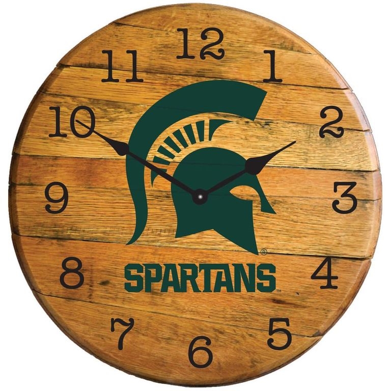 Picture of Barrel-Tops BTC-MICHST-01 NCAA-MICHIGAN SPARTANS Oak Barrel Clock
