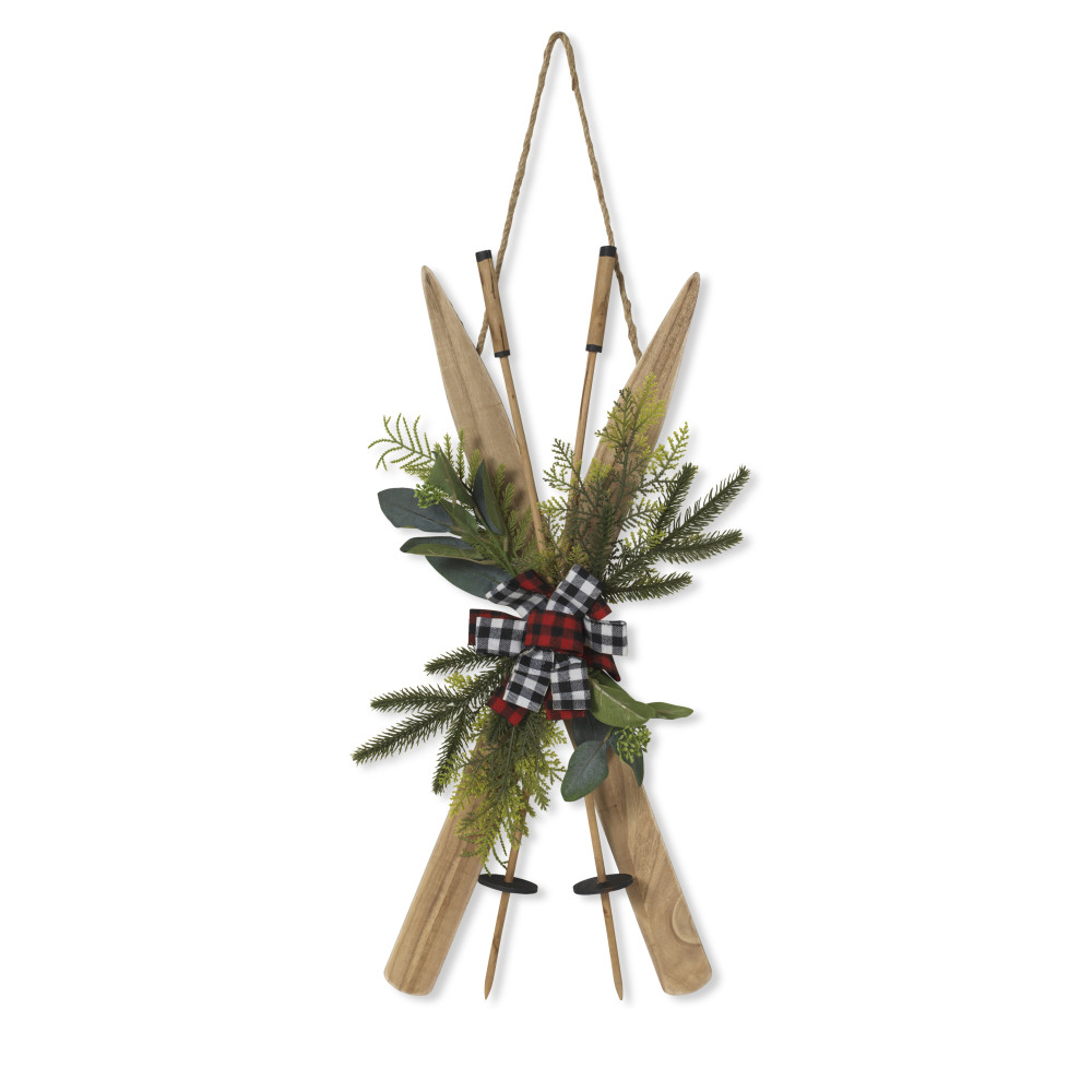 Picture of Gerson International 2594030EC 26 in. Wood Ski Wall Hanging with Floral & Fabric Bow Accent&#44; Green