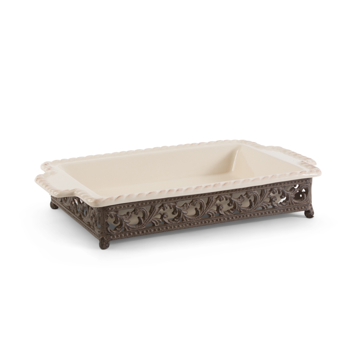 Picture of GG Collection 31532 14 by 9 in. Acanthus Ceramic Baker with An Artfully Crafted Scrolled Metal Base&#44; Cream
