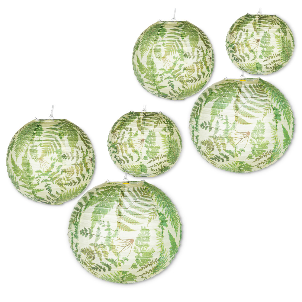 Picture of Lone Elm Studios 95366EC Paper Fern Plant Pattern Lanterns with Built in LED Light&#44; Green - Set of 6