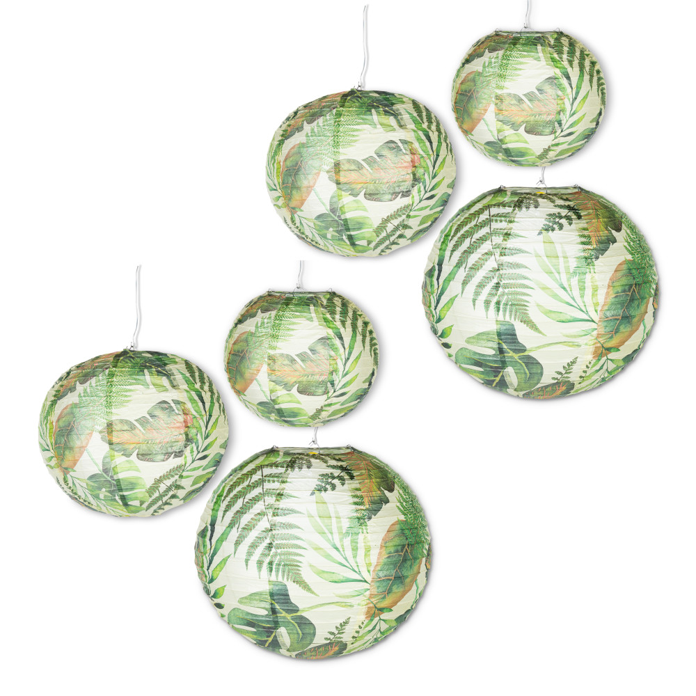 Picture of Lone Elm Studios 95367EC Assorted Paper Tropical Plant Pattern Lanterns with Built in LED Light&#44; Green - Set of 6