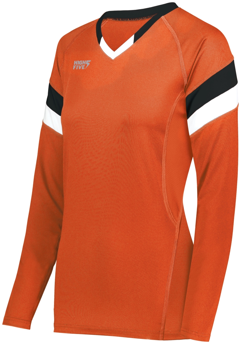 342242.952.M Ladies Truhit Tri-Color Long Sleeve Volleyball Jersey, Scarlet & Black & White - Medium -  High Five