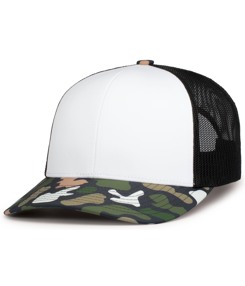 P686.1D2.OS Duck Camo Trucker Snapback Cap, White, Light Charcoal & Bayou - One Size