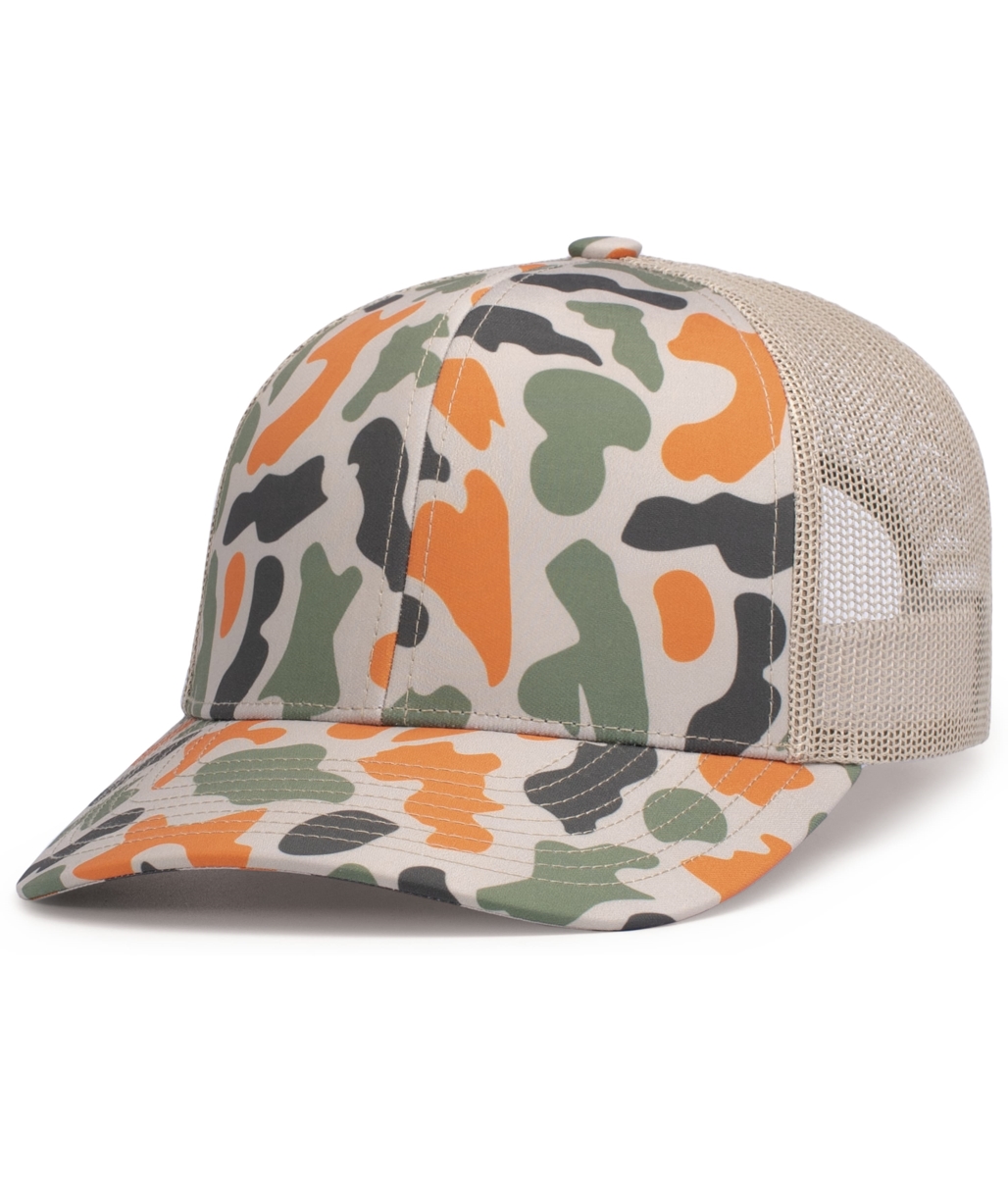 P686.1F2.OS Duck Camo Trucker Snapback Cap, Blaze Camo & Khaki - One Size