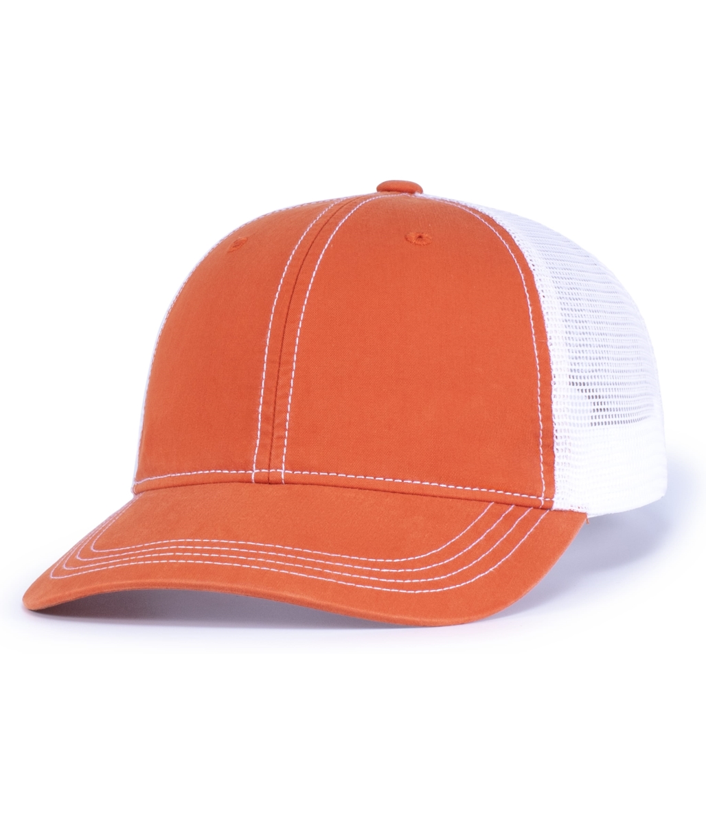 V67.R75.OS Vintage Trucker Snapback Cap, Orange & White - One Size