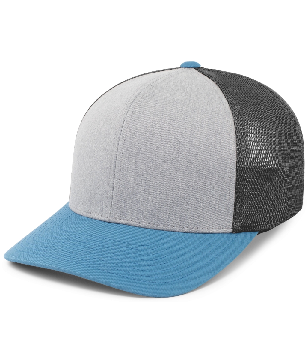P151.36P.OS Trucker PacFlex Snapback Cap, Heather Grey, Light Charcoal & Ocean Blue - One Size