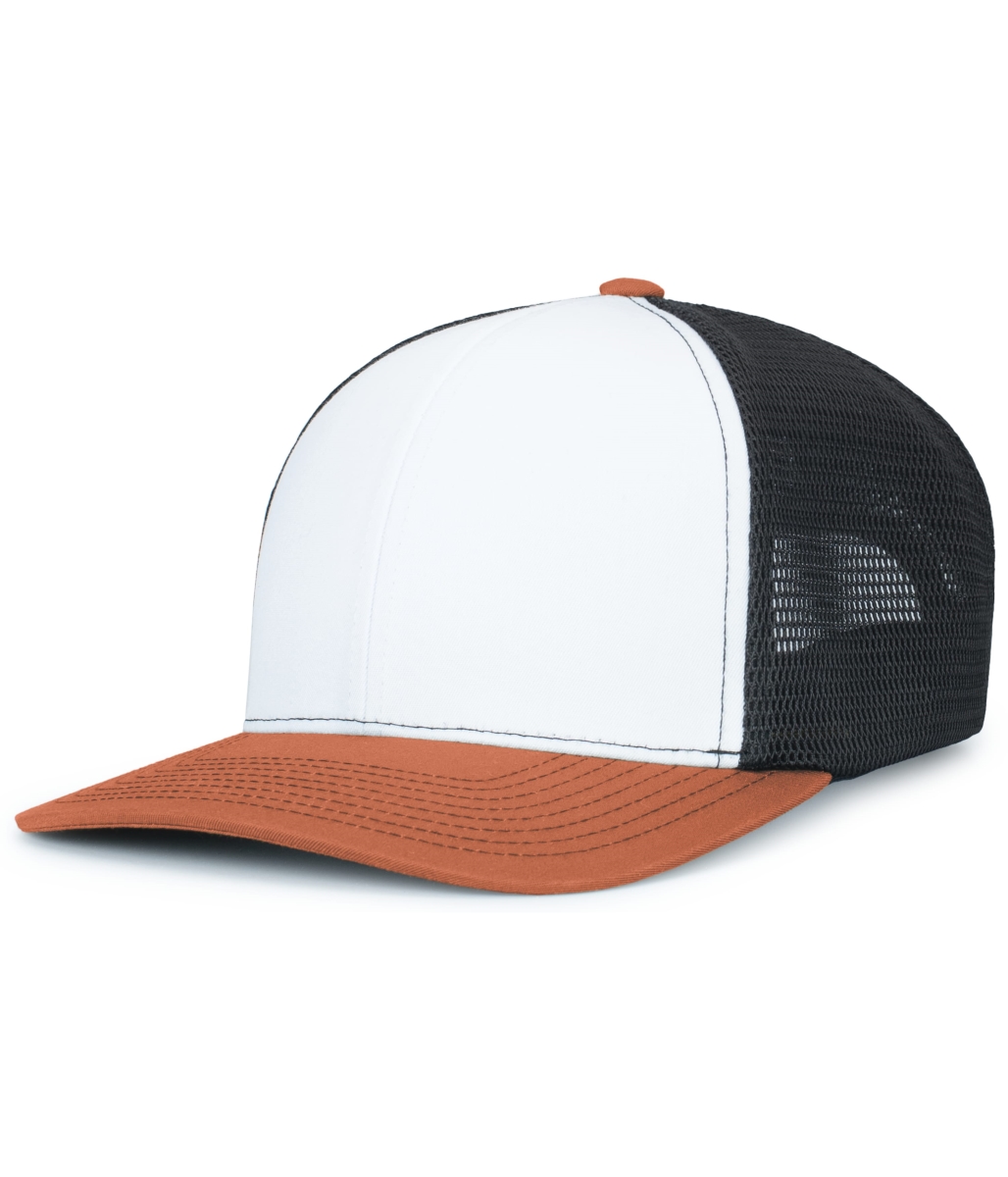 P151S.350.OS Contrast Stitch Trucker PacFlex Snapback Cap, White, Light Charcoal & Rust - One Size