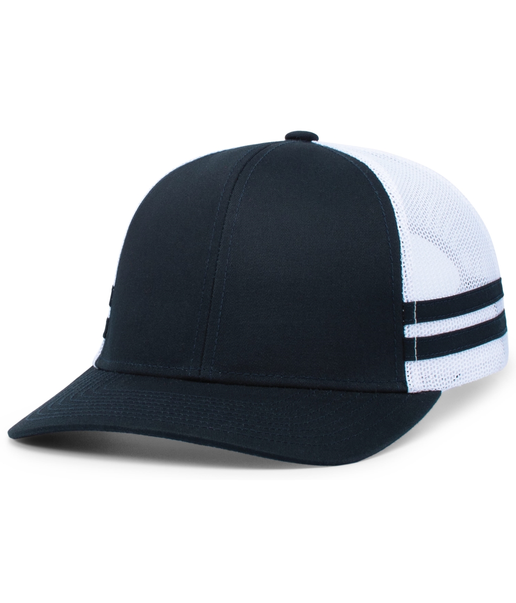 P115.122.OS Low-Profile Stripe Trucker Cap, Navy & White - One Size