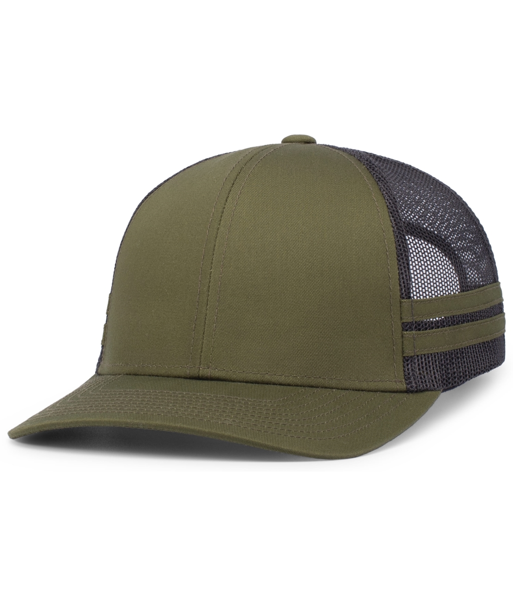 P115.89V.OS Low-Profile Stripe Trucker Cap, Moss & Light Charcoal - One Size