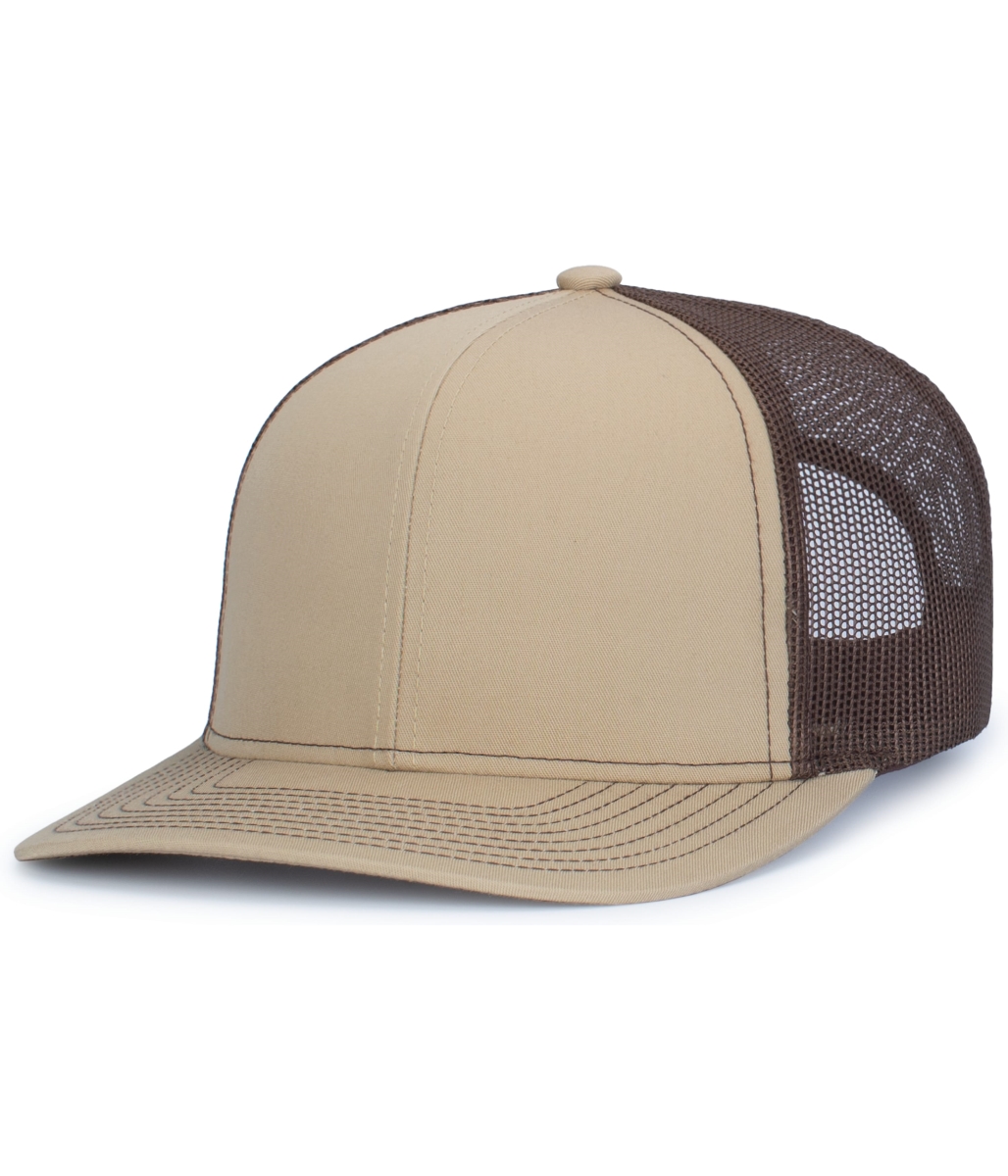 104S.40P.OS Contrast Stitch Trucker Snapback Cap, Khaki & Brown - One Size