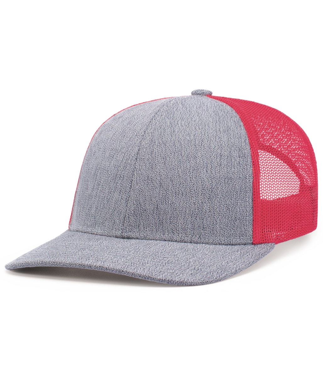 210C.094.OS Melange Heather Low-Profile Trucker Cap, Grey Heather & Red - One Size