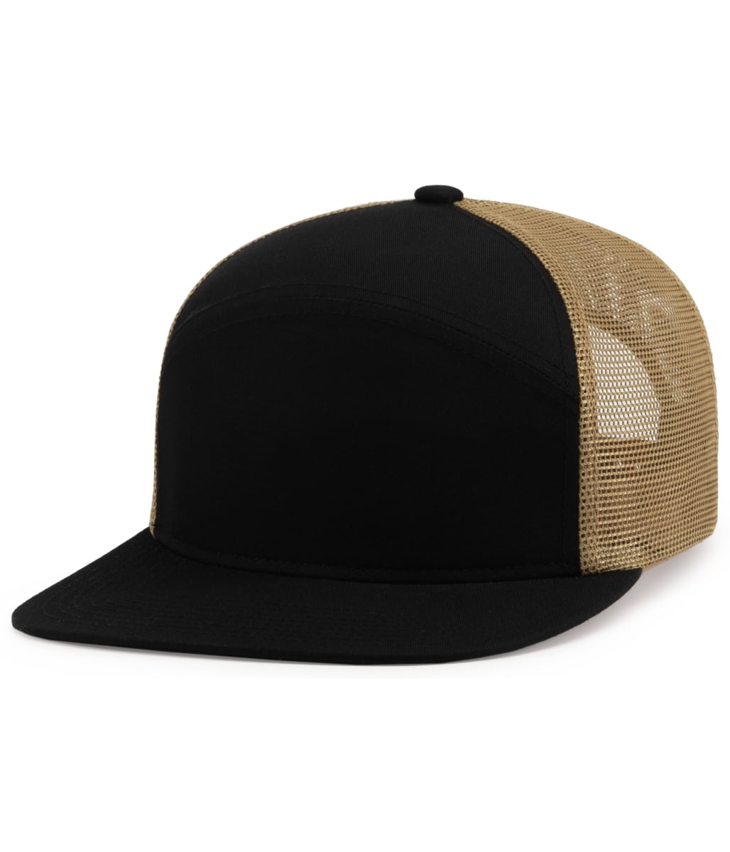 P787.01J.OS 6-Panel Arch Trucker Snapback Cap, Black & Buck - One Size
