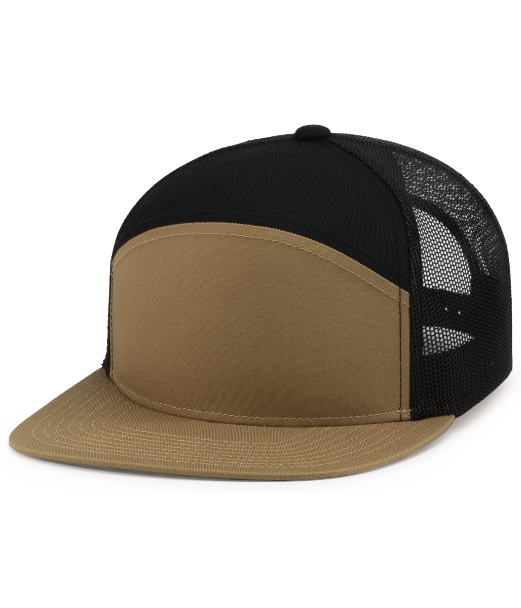 P787.01V.OS 6-Panel Arch Trucker Snapback Cap, Buck & Black - One Size