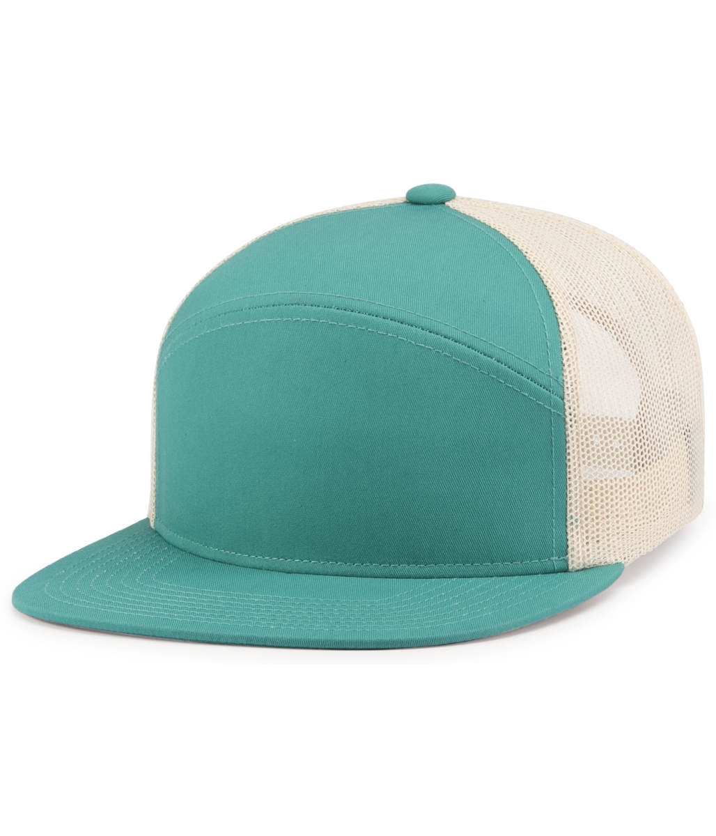 P787.53P.OS 6-Panel Arch Trucker Snapback Cap, Teal & Beige - One Size