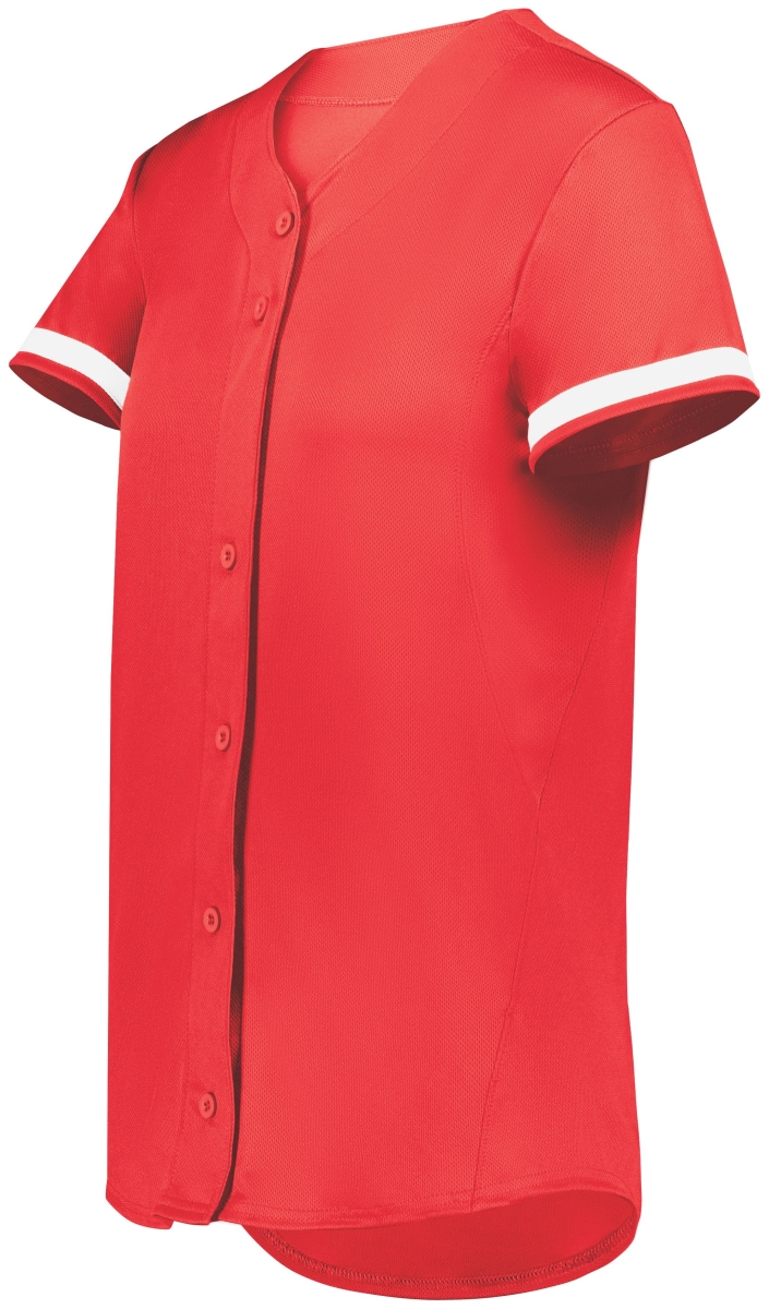 6919.408.XL Ladies Cutter Plus Full Button Softball Jersey, Scarlet & White - Extra Large