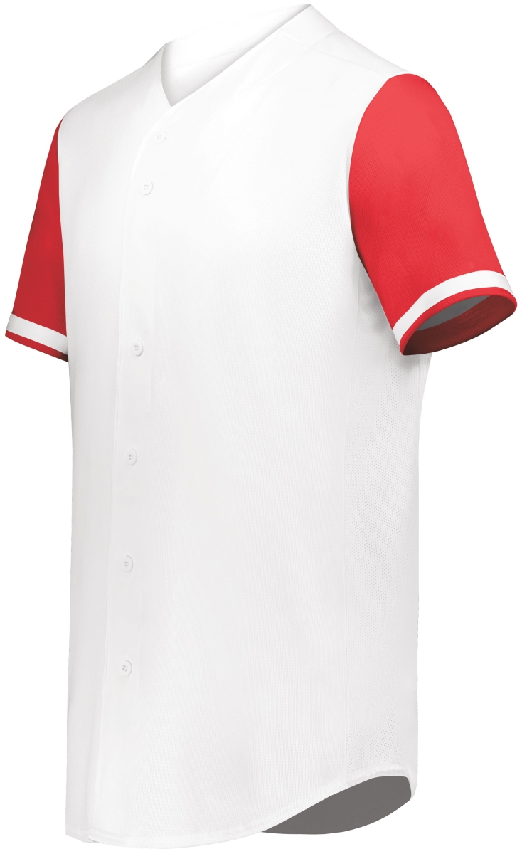 6909.235.L Cutter Plus Full Button Baseball Jersey, White & Scarlet - Large