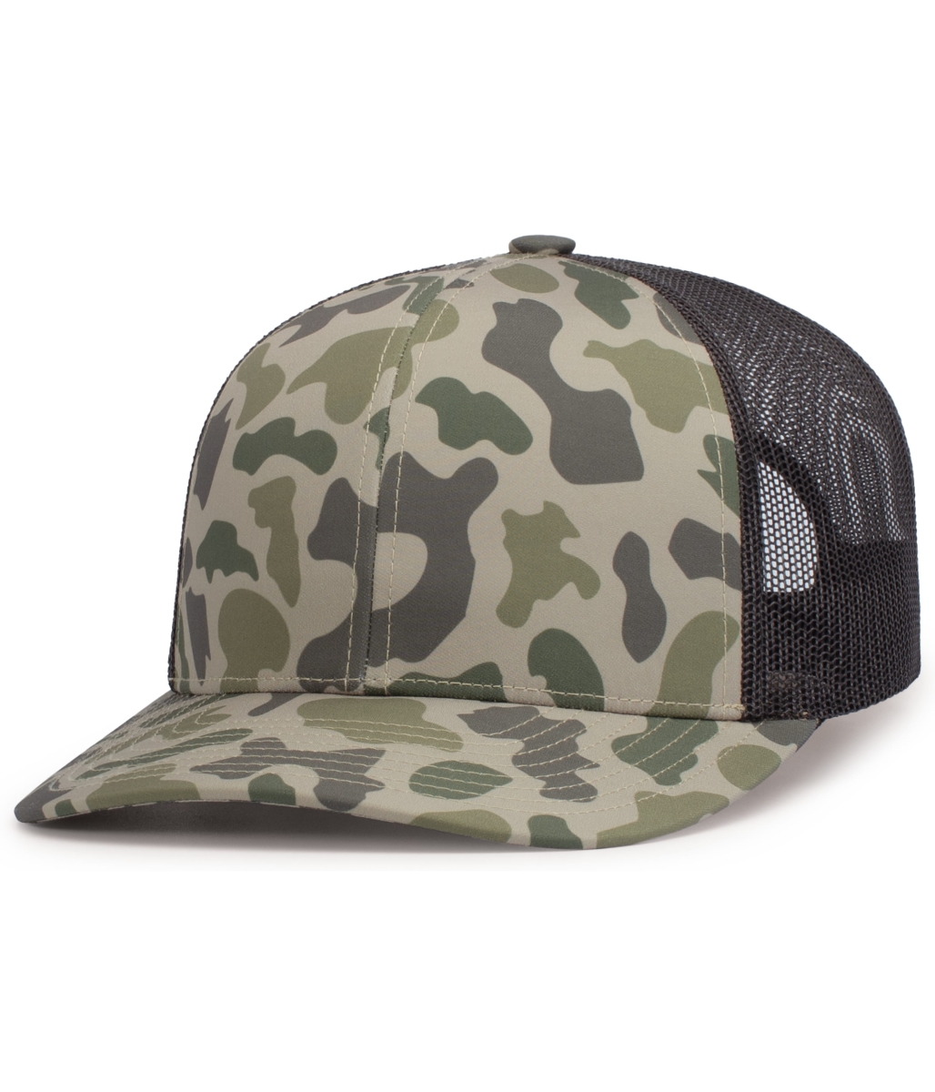 P686.1P3.OS Duck Camo Trucker Snapback Cap, Coastland & Light Charcoal - One Size