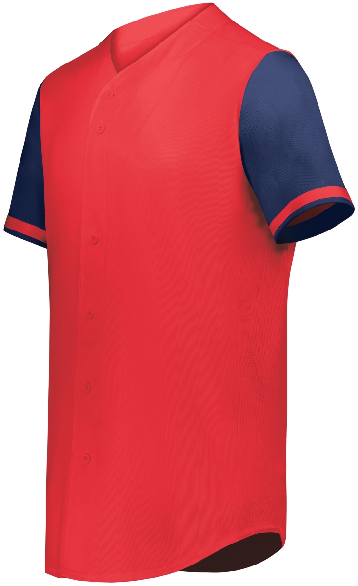 6909.W86.L Cutter Plus Full Button Baseball Jersey, Scarlet & Navy - Large