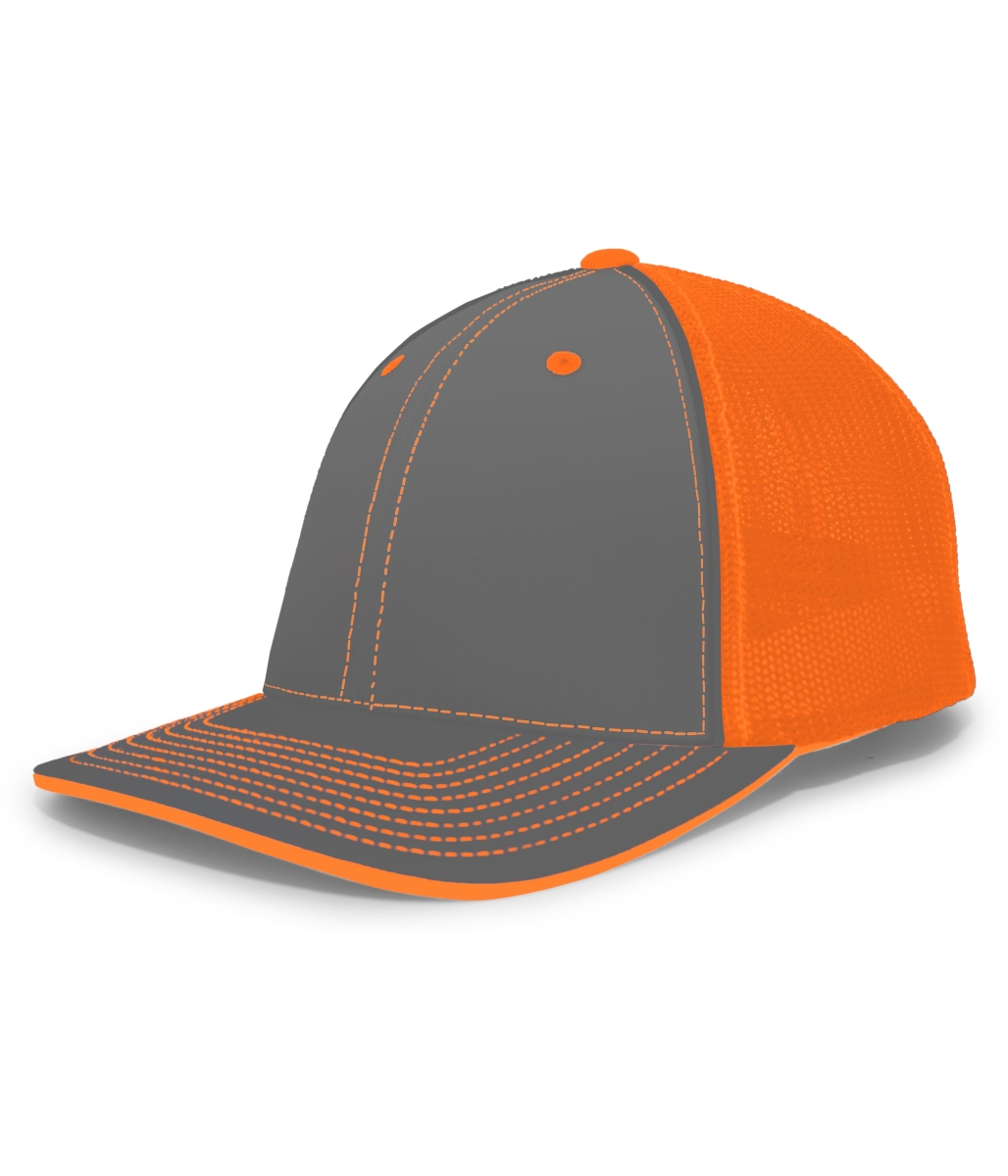 404F.24P.L-XL Trucker Flexfit Cap, Graphite & Neon Orange - Large & Extra Large