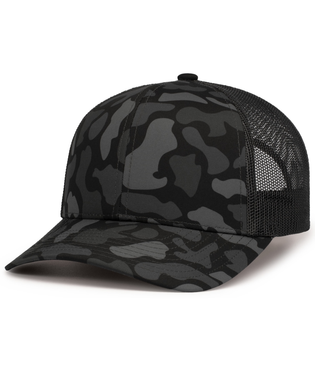 P686.1H1.OS Duck Camo Trucker Snapback Cap, Blackout & Light Charcoal - One Size