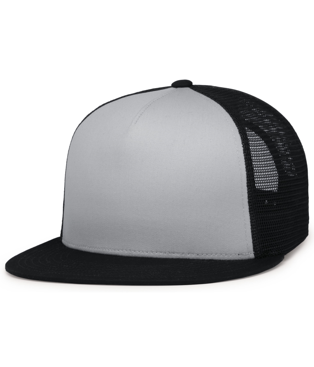 4D7.81Q.OS D-Series 5-Panel Trucker Snapback Cap, Silver & Black - One Size