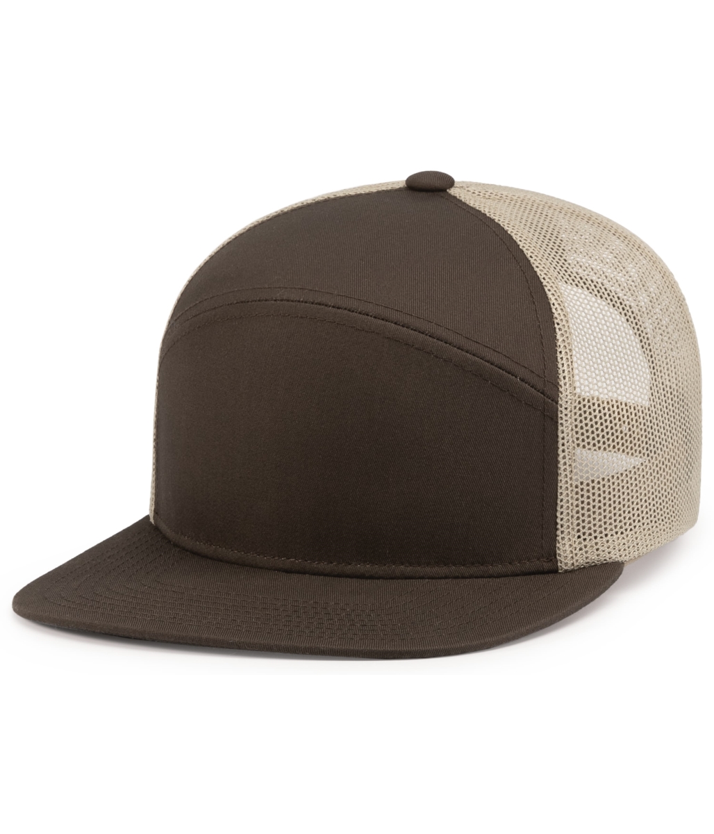 P787.14P.OS 6-Panel Arch Trucker Snapback Cap, Brown & Khaki - One Size