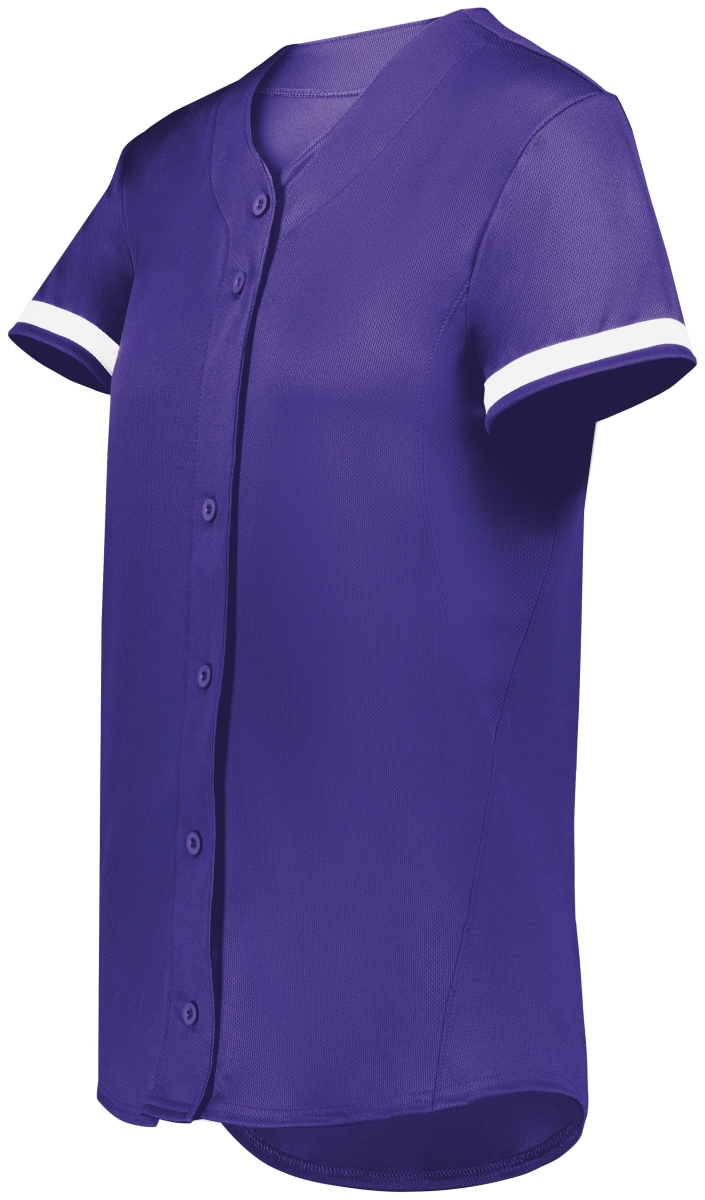 6919.450.M Ladies Cutter Plus Full Button Softball Jersey, Purple & White - Medium