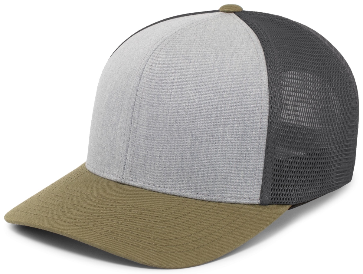 P151.35P.OS Trucker PacFlex Snapback Cap, Heather Grey, Light Charcoal & Moss Green - One Size