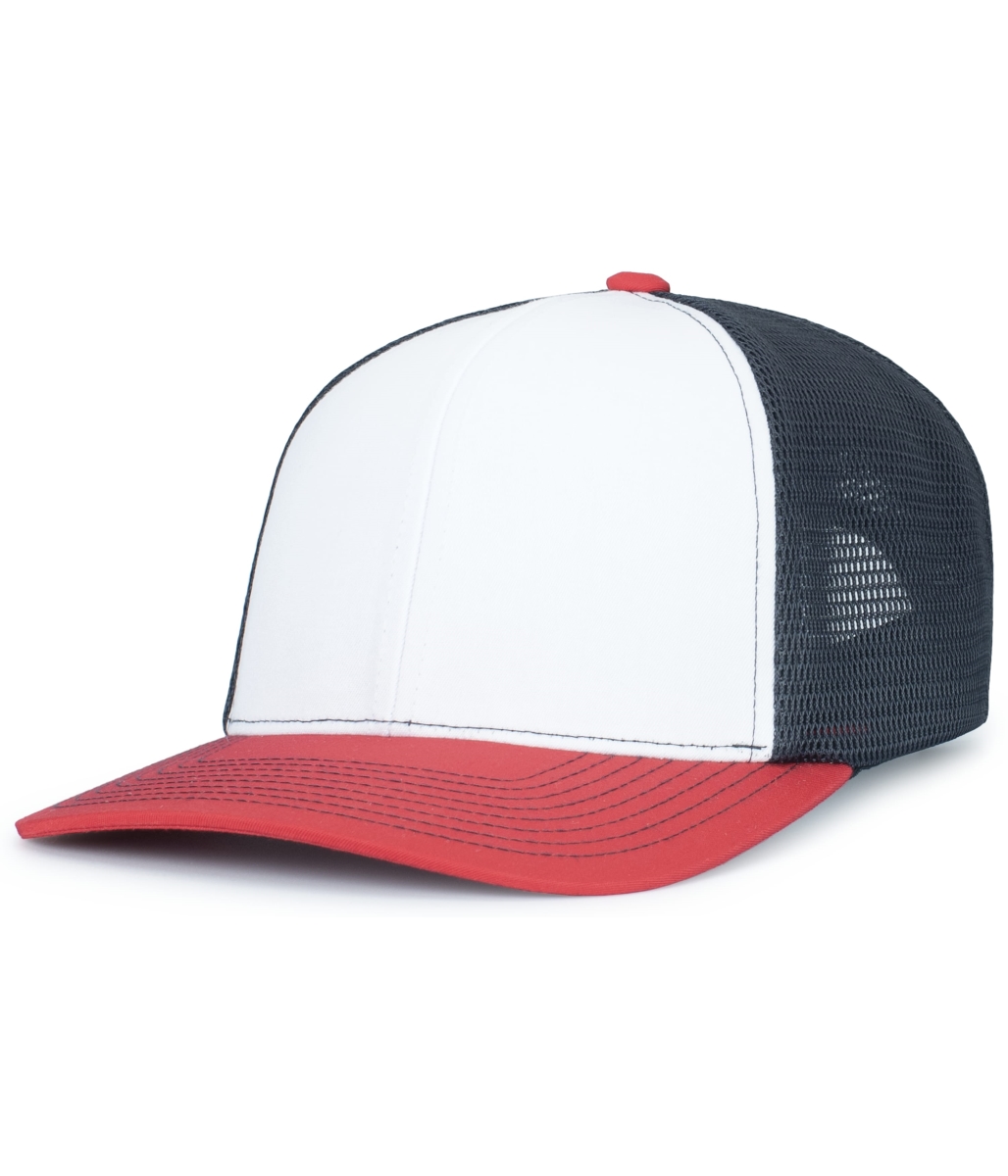 P151S.140.OS Contrast Stitch Trucker PacFlex Snapback Cap, White, Navy & Red - One Size