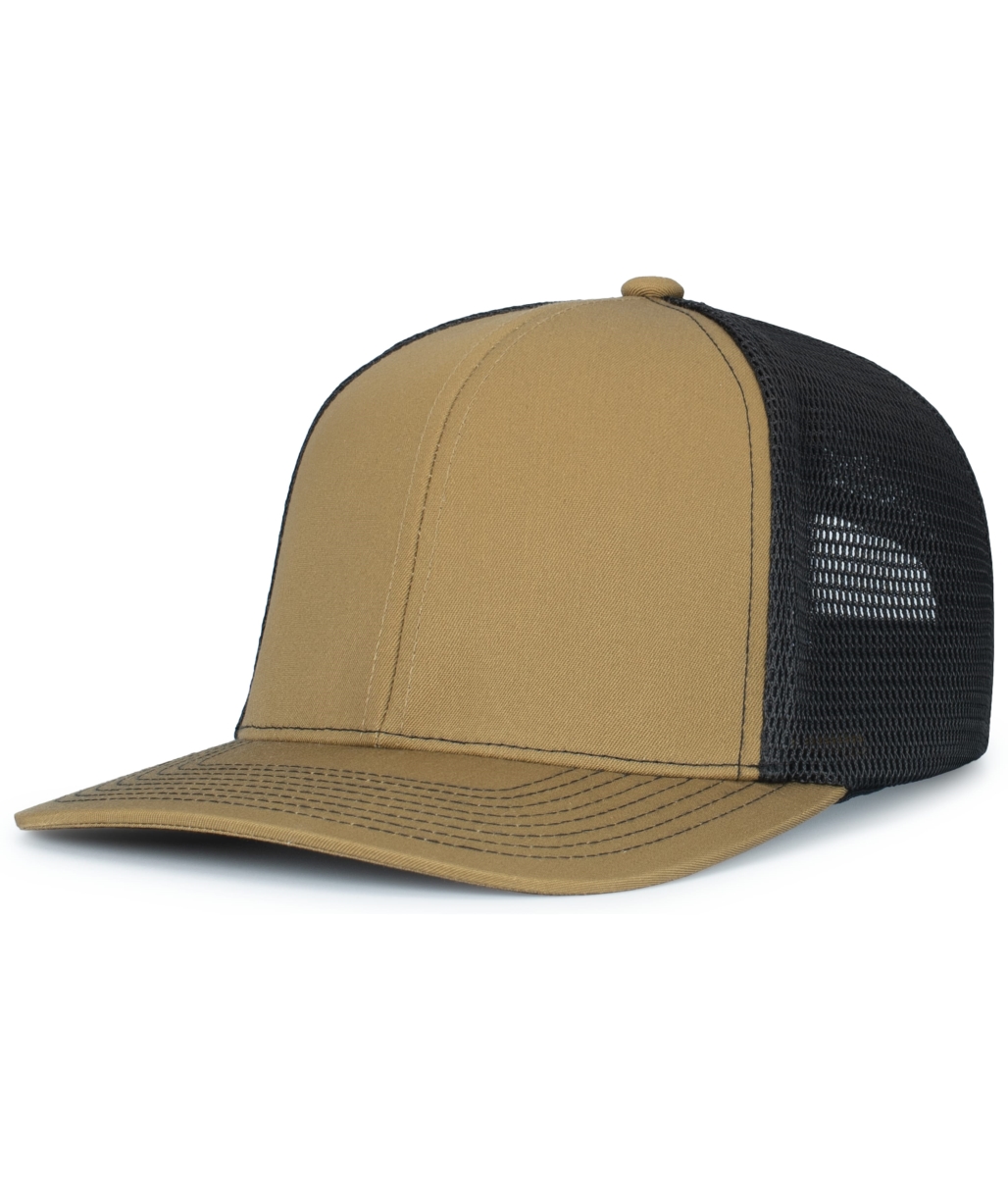 P151S.27T.OS Contrast Stitch Trucker PacFlex Snapback Cap, Buck & Light Charcoal - One Size