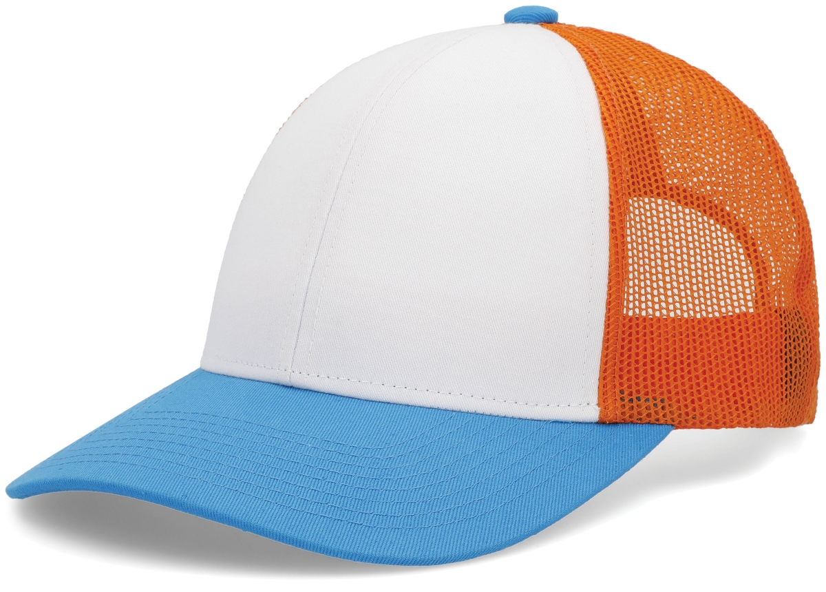 P114.48T.OS Low-Pro Trucker Cap, White, Neon Orange & Panther Teal - One Size