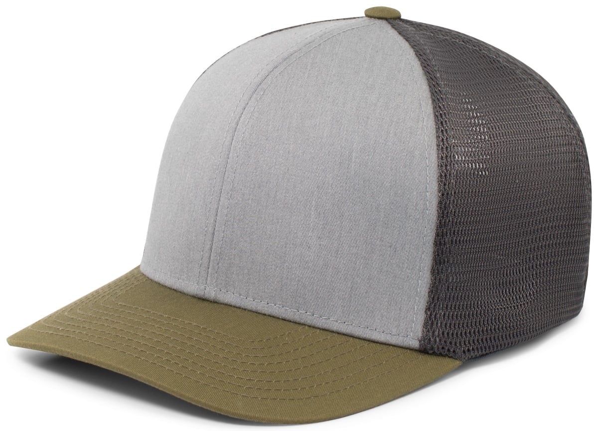 P401.35P.S-M Fusion Trucker Cap, Heather Grey, Light Charcoal & Moss Green - Small & Medium