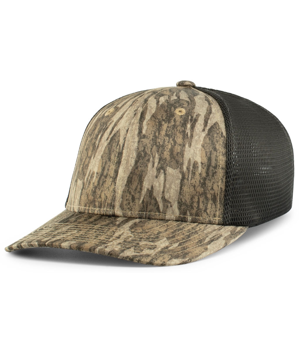 P691.PA0.S-M Mossy Oak Low-Profile Trucker PacFlex Cap,   Bottomland & Light Charcoal - Small & Medium